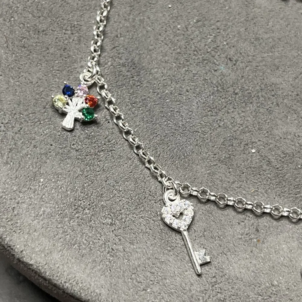 Silver Chain Charm Bracelet, Key Beating Heart Clover Boy Tree 5 Charms 925